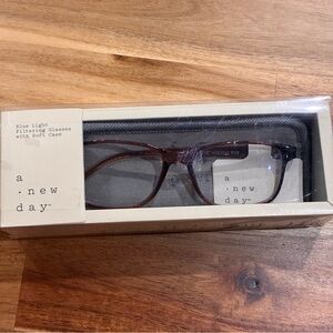 Blue light filtering glasses with Soft case. A New Day. New In Box